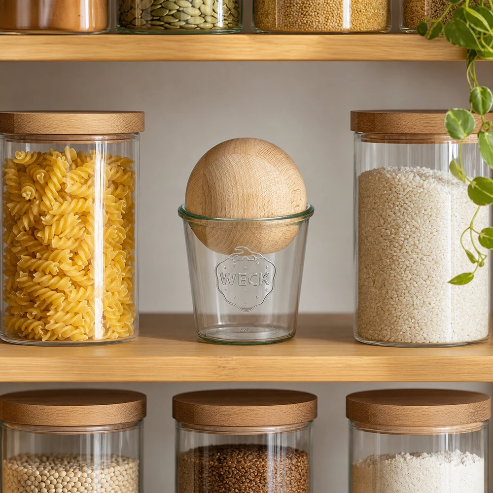 WECK pot RR100 580ml met beukenhouten bol in een moderne voorraadkeuken tussen pasta en rijst op een houten plank