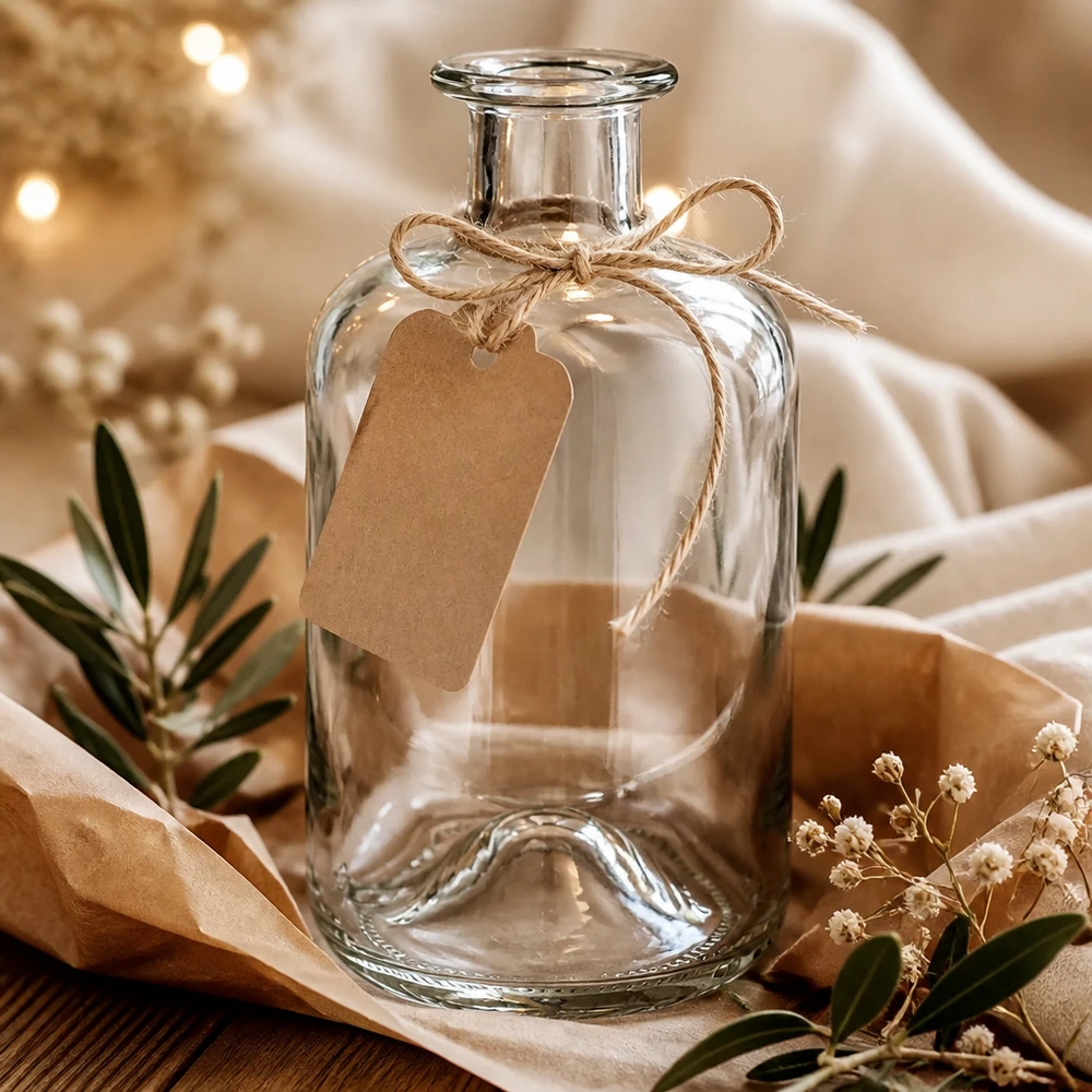 Apothekersfles Luna 500ml transparant met kraftpapier label als cadeauverpakking tussen droogbloemen