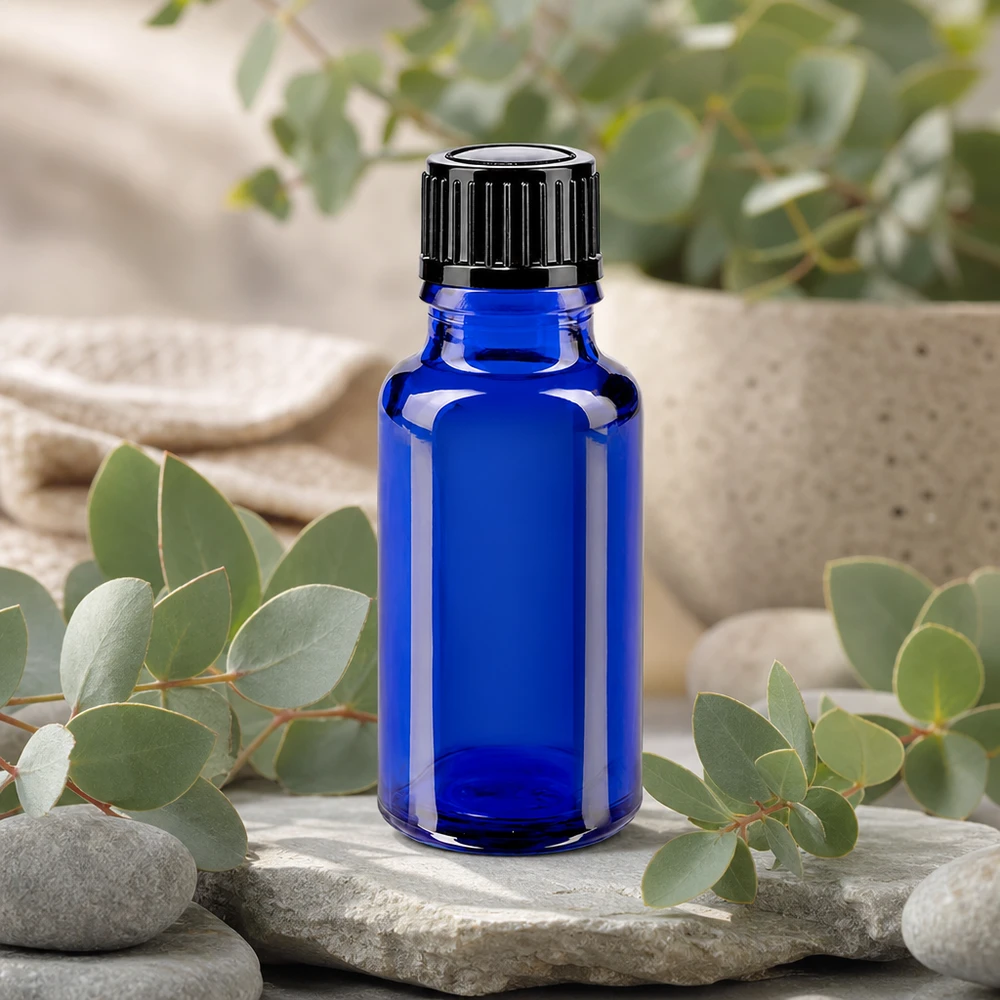 Blauwe glazen flessen 20ml met zwart druppelsluiting 1mm St Hoogwaardige blauwe druppelfles van 20 ml met geribbelde zwarte dop en UV-beschermend glas