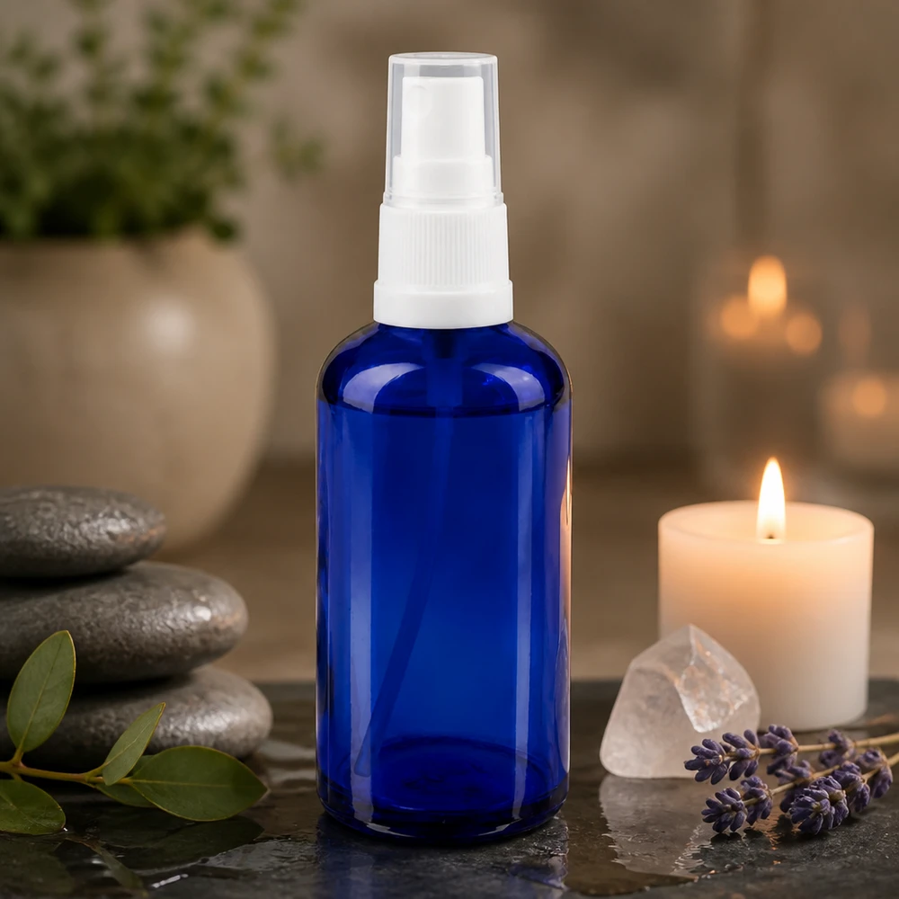 Sprayflesje van 50 ml in apothekersglas, kobaltblauw, met lavendelkaarsen en kristallen
