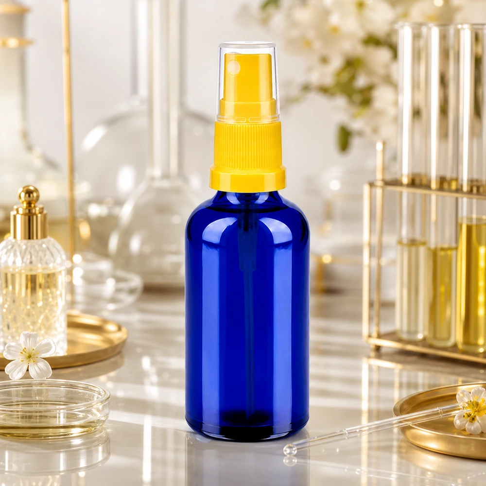 Elegante blauwe spuitfles met een inhoud van 50 ml en praktische pompverstuiver voor dagelijks gebruik