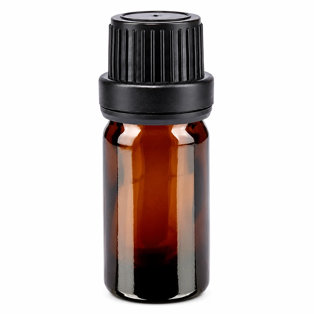 Bruine glazen fles 5ml met zwart schroefsluiting dicht. VR Bruinglasflesje van 5 ml met geribbelde zwarte druppeldop voor etherische oliën