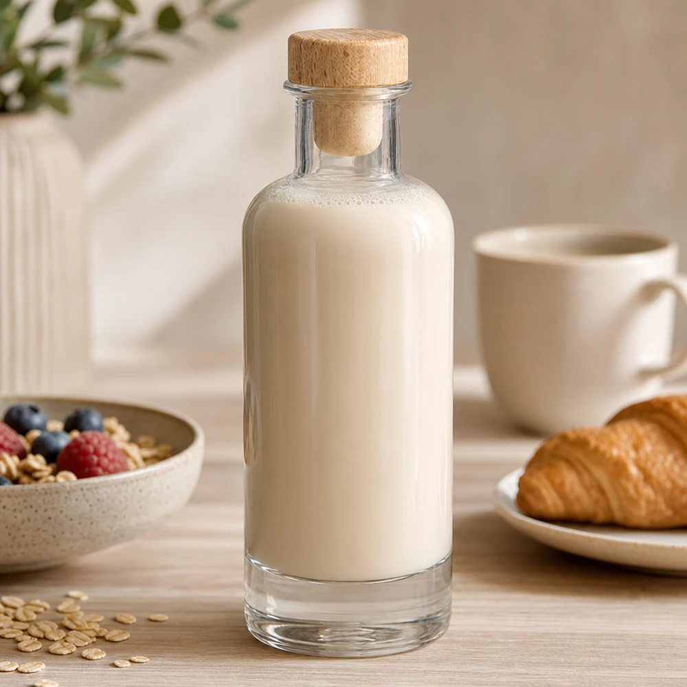 200 ml glazen fles Ella met houten handgreepkurk UNiTWIST® 200 ml glazen fles Ella met houten kurk gevuld met havermelk op de ontbijttafel met muesli en croissant