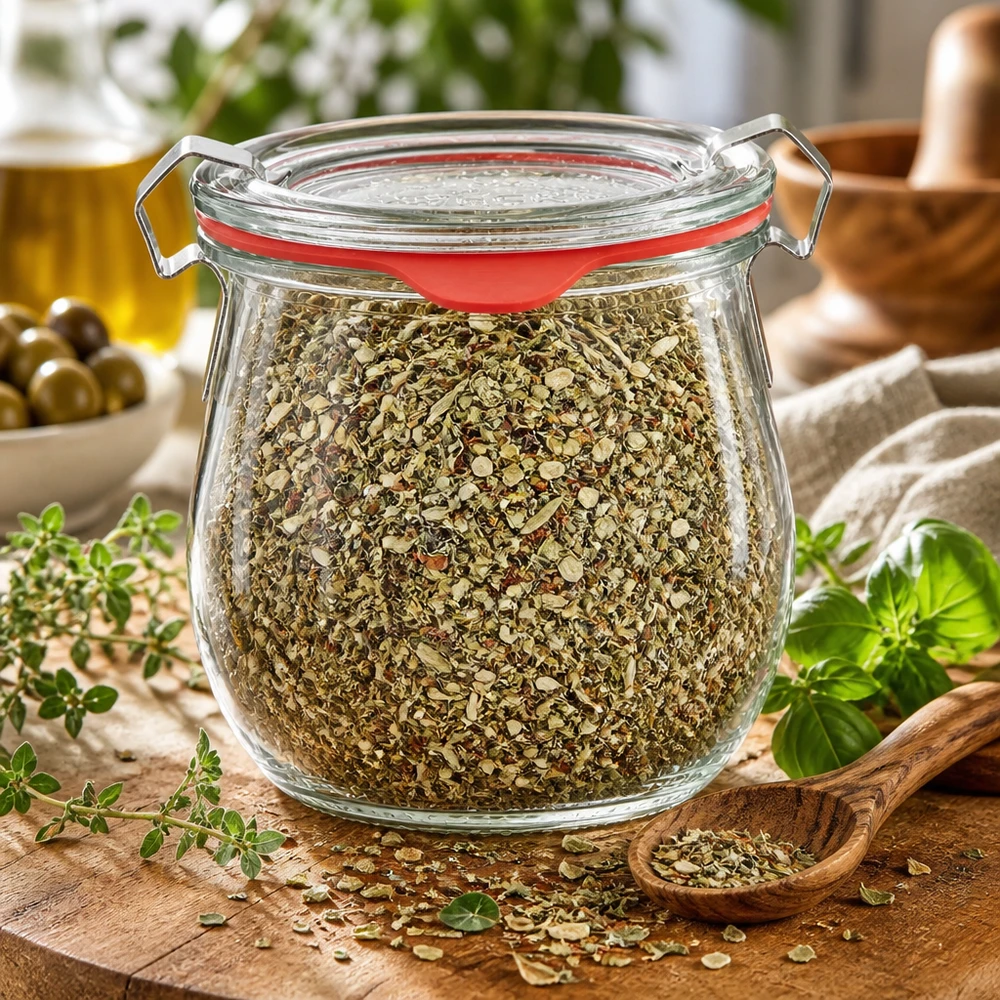 Idee voor een glazen kruidenpotje: Glazen WECK tulpenglas 220 ml Bolvormige glazen pot van 220 ml met gemengde gedroogde kruiden; keukenpot met klemdop
