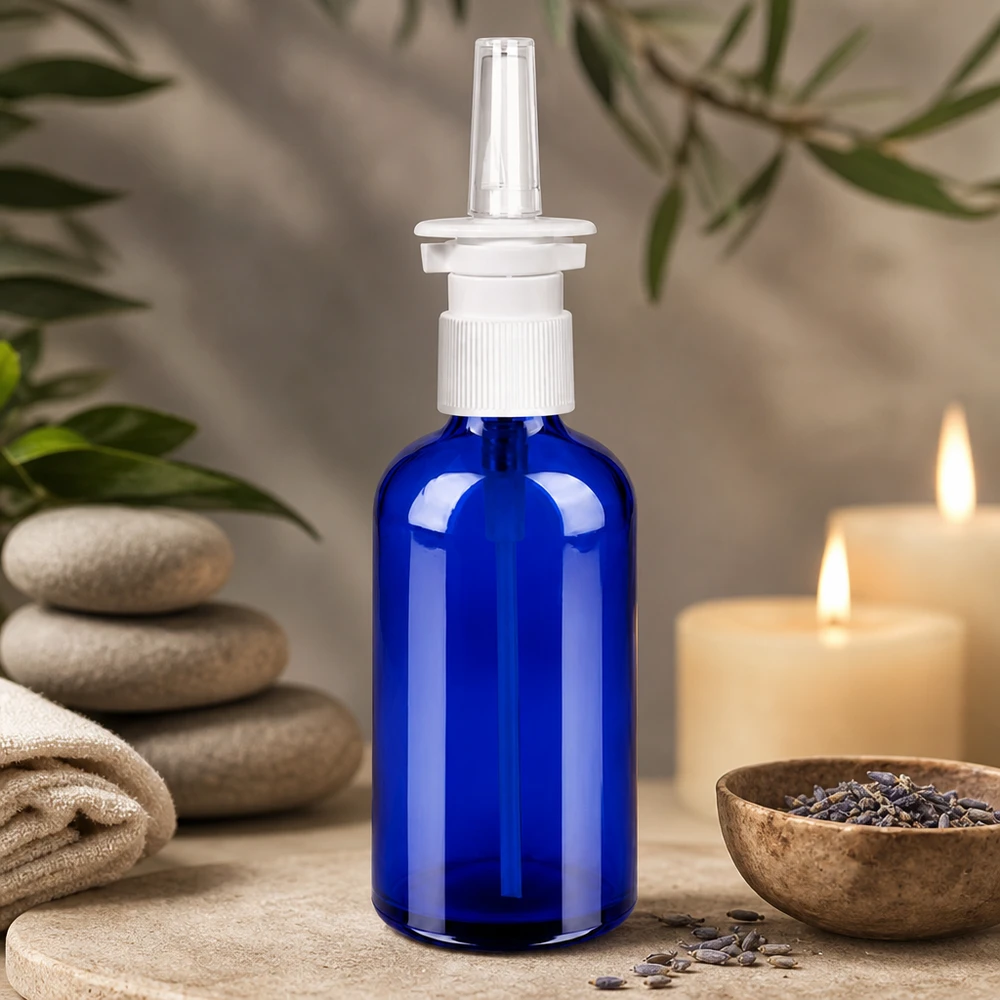 100ml neusspray flacon w./tr. STD BlueLine UT18/100 Medische glazen fles 100ml met nauwkeurig neusverstuivingssysteem voor therapeutische toepassingen