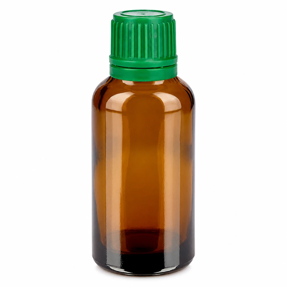 Compacte 30ml medicijnfles van amberkleurig glas met groene verzegelbare dop