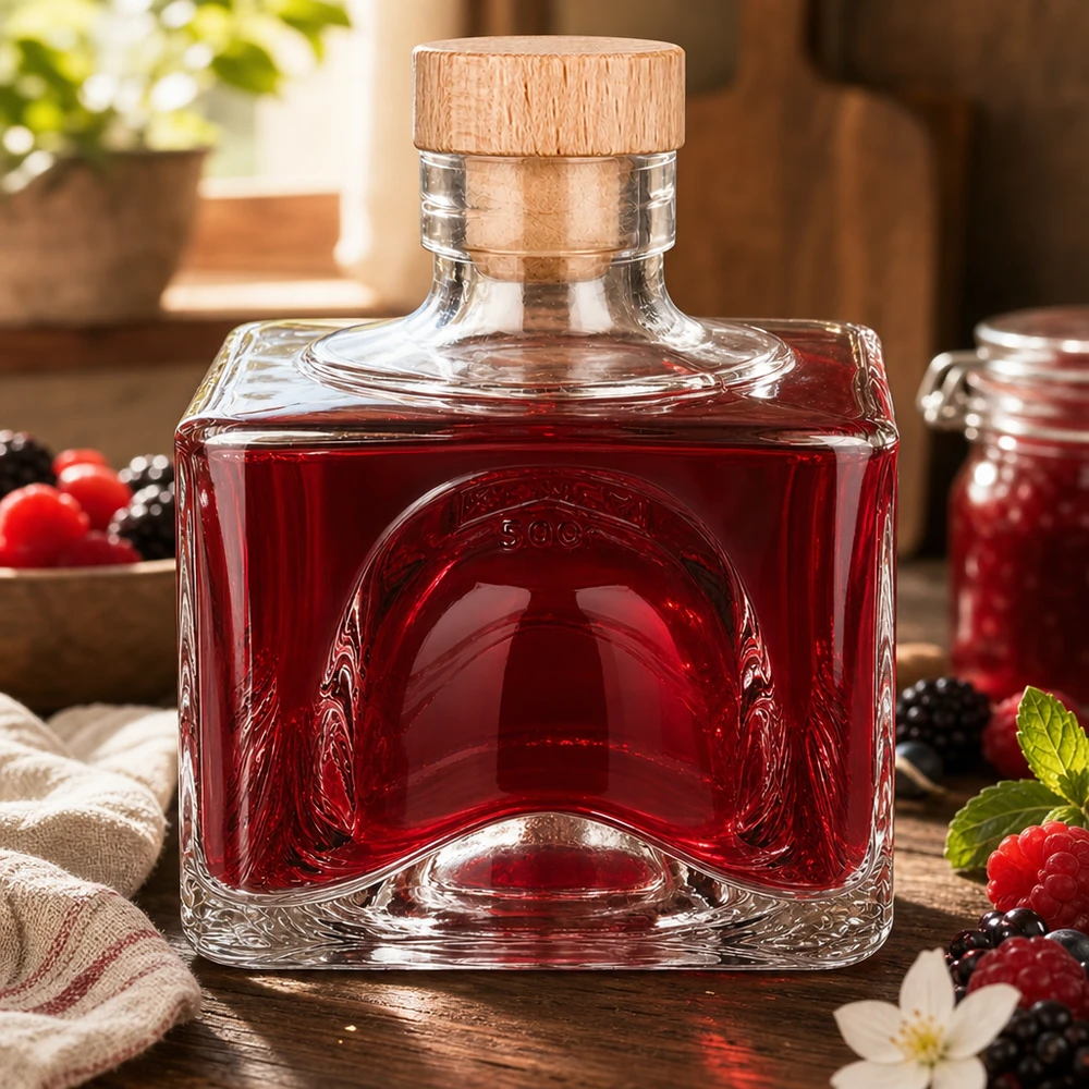 200 ml glazen fles Bob met houten kurk met handvat UNiTWIST® Glasflasche Bob 200ml mit Beerenlikör und Holzkorken, umgeben von frischen Beeren und Minze, dekorative Küchenflasche