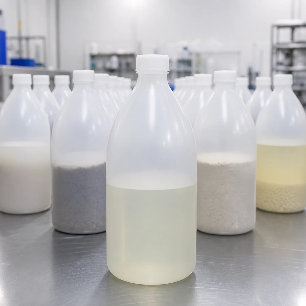Nauwe hals laboratoriumfles 1000ml met schroefsluiting Sortiment befüllter 1000ml Enghals Laborflaschen mit unterschiedlichen Materialproben