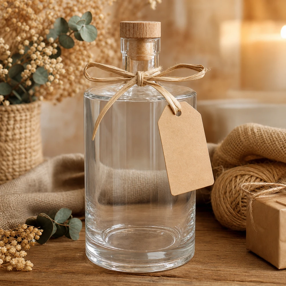 700 ml glazen fles Marie met houten handgreep UNiTWIST® 700ml Glasflasche Marie leer mit Holzkorken und Geschenkanhänger in gemütlicher Deko-Szene mit Jute und Blumen