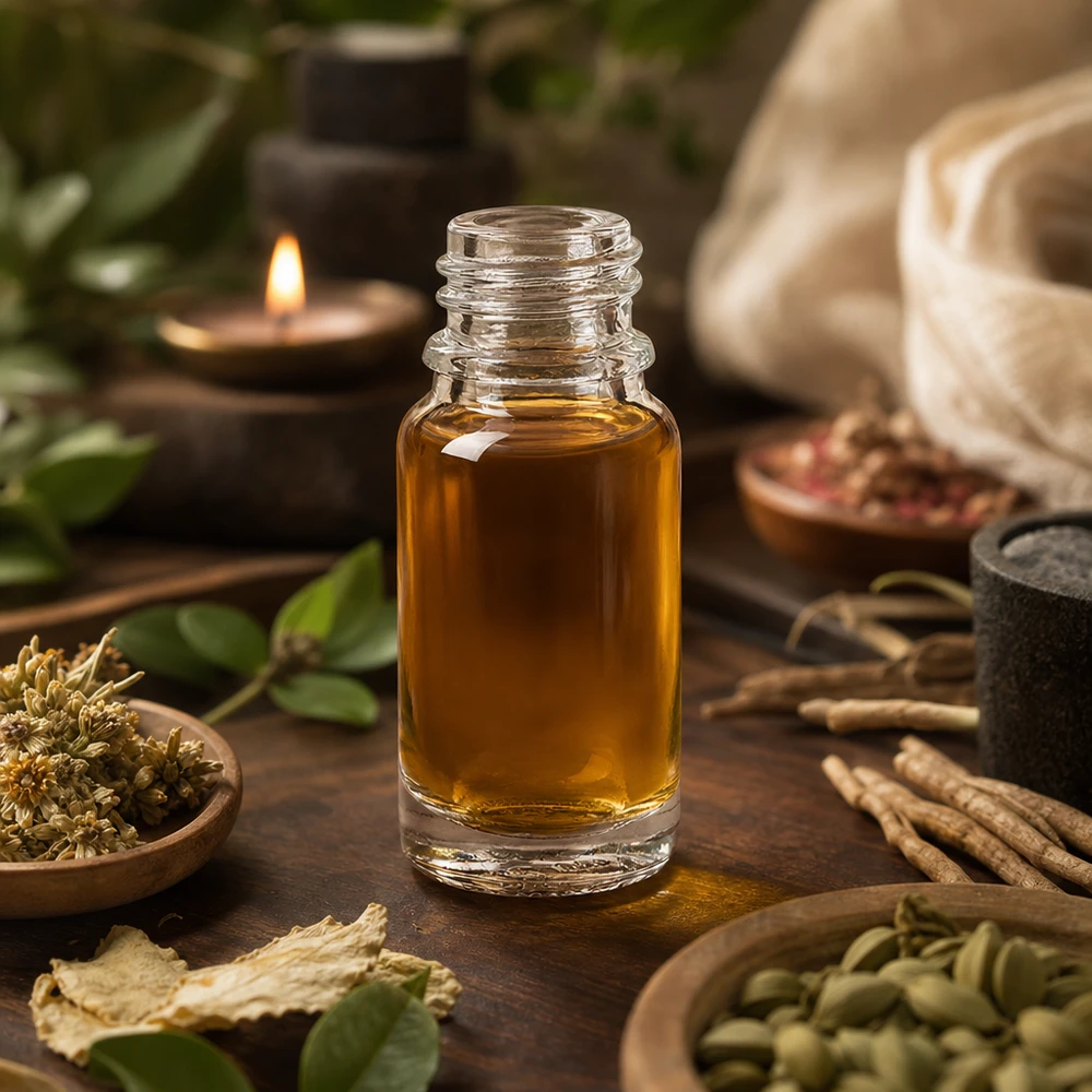Doorzichtige apothekersfles van 10 ml UNiTWIST met etherische olie, tussen geneeskrachtige kruiden en houten schaaltjes