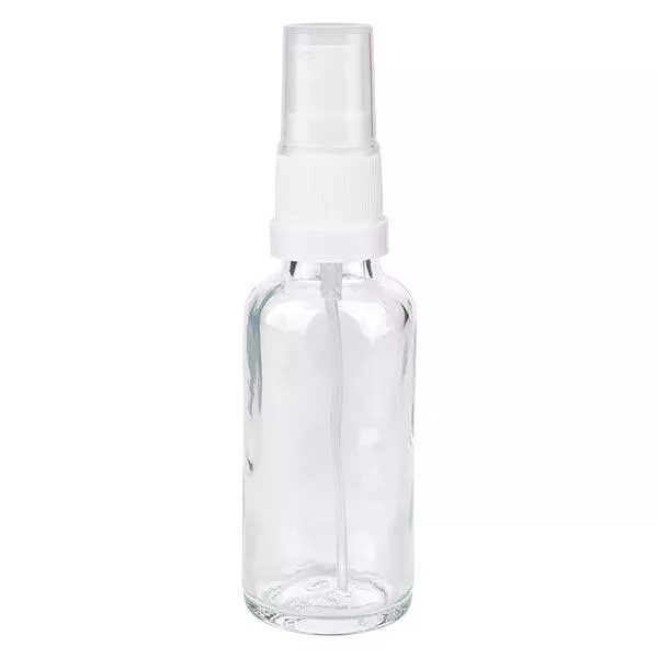 Helder glazen flessen 30ml met wit pompverstuiver Helder glazen flessen 30ml met wit pompverstuiver