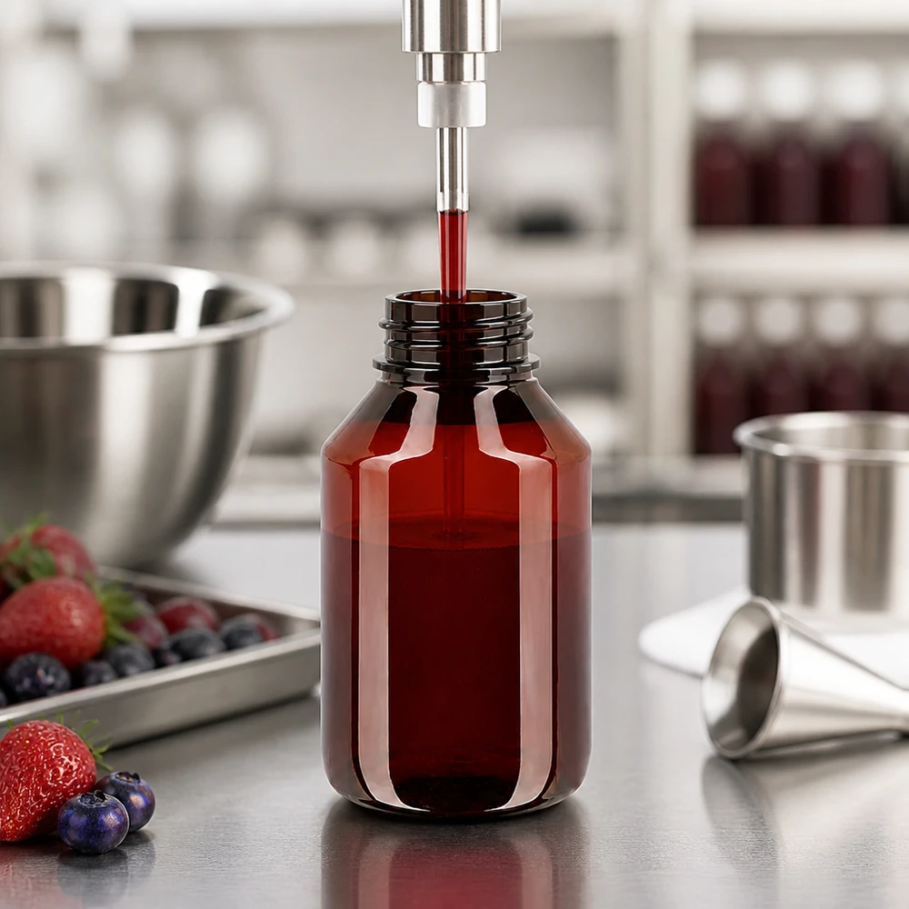PET-fles 50ml met witte flip-top dop. Doorzichtige bruine kunststof fles van 50 ml met witte dop voor vloeibare voedingssupplementen
