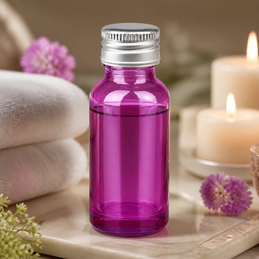 Praktisch 20ml bewaarflesje met kleurechte paarse coating en goed sluitend systeem