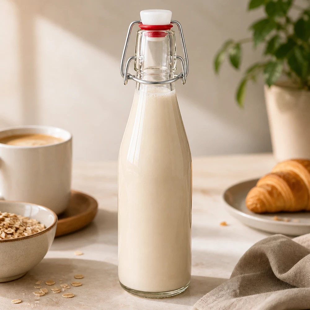 Glazen fles 250ml met draaidop gevuld met melk naast havervlokken, koffiekopje en croissant