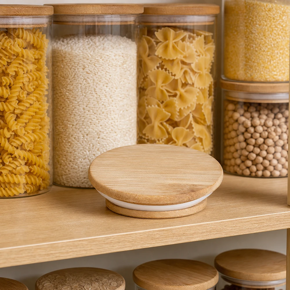 WECK RR60 houten deksel in een praktische keukensetting tussen voorraadpotten met pasta rijst en peulvruchten