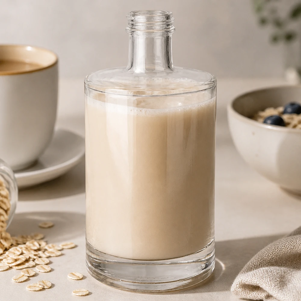 500 ml glazen fles Sam zonder schroefdop UNiTWIST® 500ml Glasflasche Sam mit Hafermilch befüllt neben Kaffeetasse und Haferflocken stylische Küchenszene morgendlicher Life