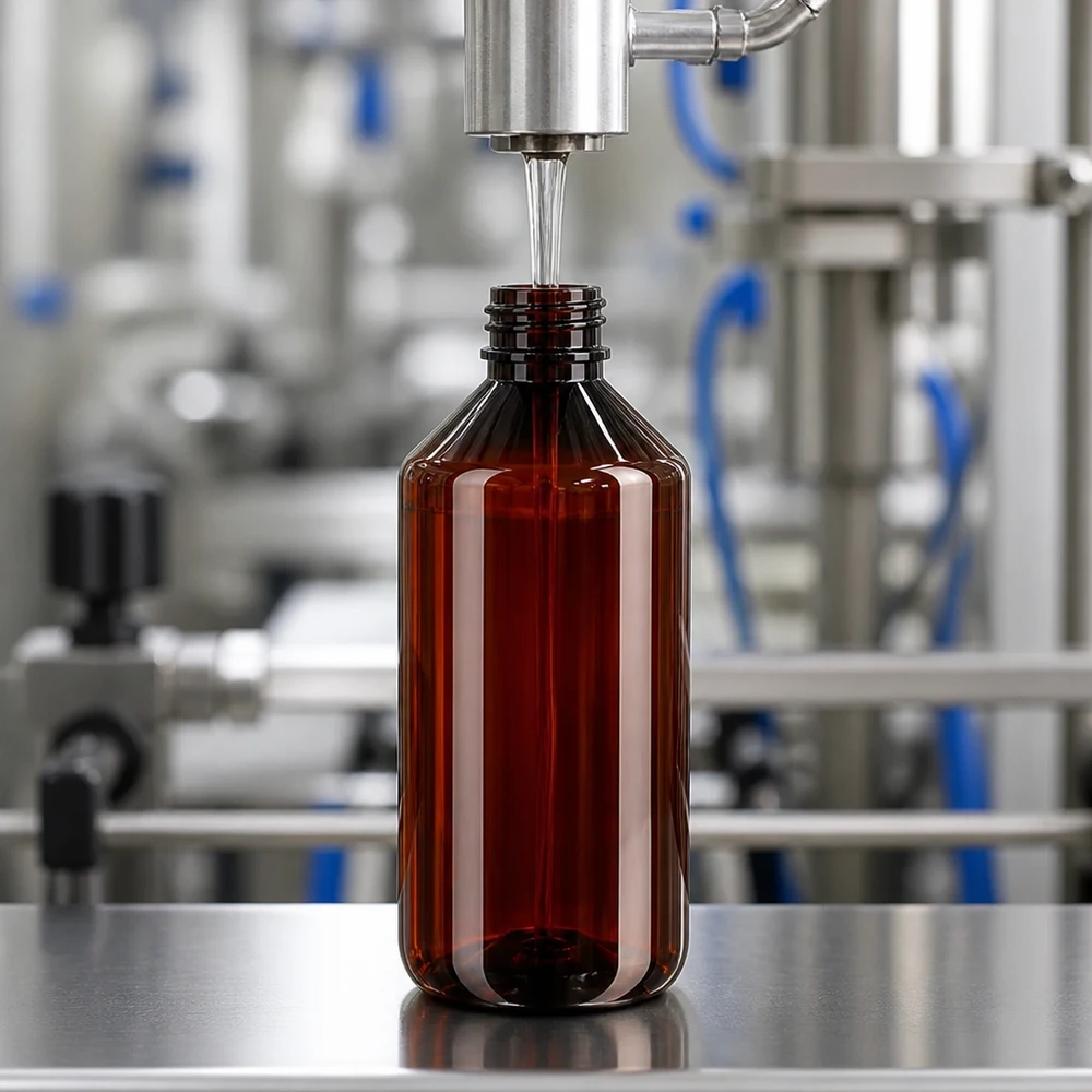 1000 ml PET medicijnfles met verstuiver wit GCMI 28/410 incl. dop transparant, standaard Stevige bruine kunststof fles van 1 liter met schroefdop in een industriële afvulinstallatie