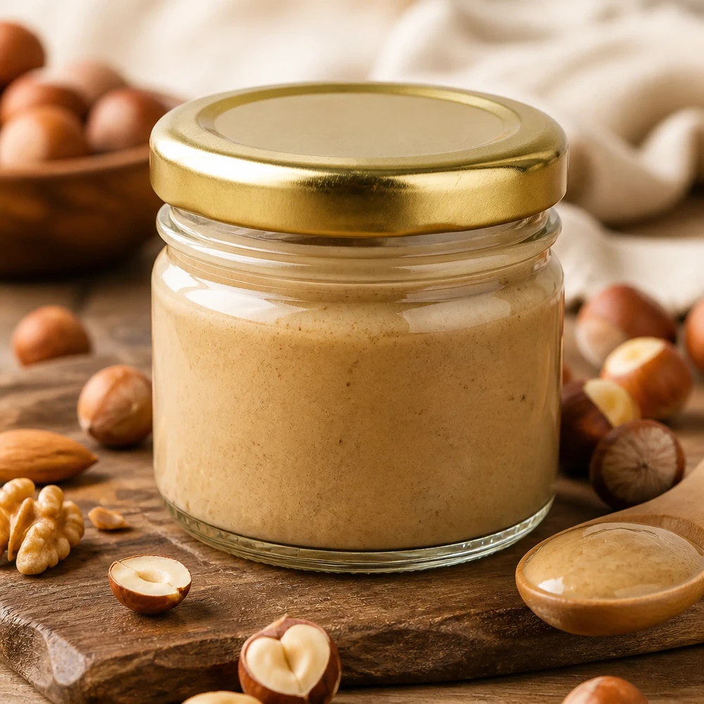 33 ml rond glazen potje + BasicSeal-deksel goud UNiTWIST Compacte inmaakpot 33 ml BasicSeal goud voor notenpasta met een rustieke houten achtergrond