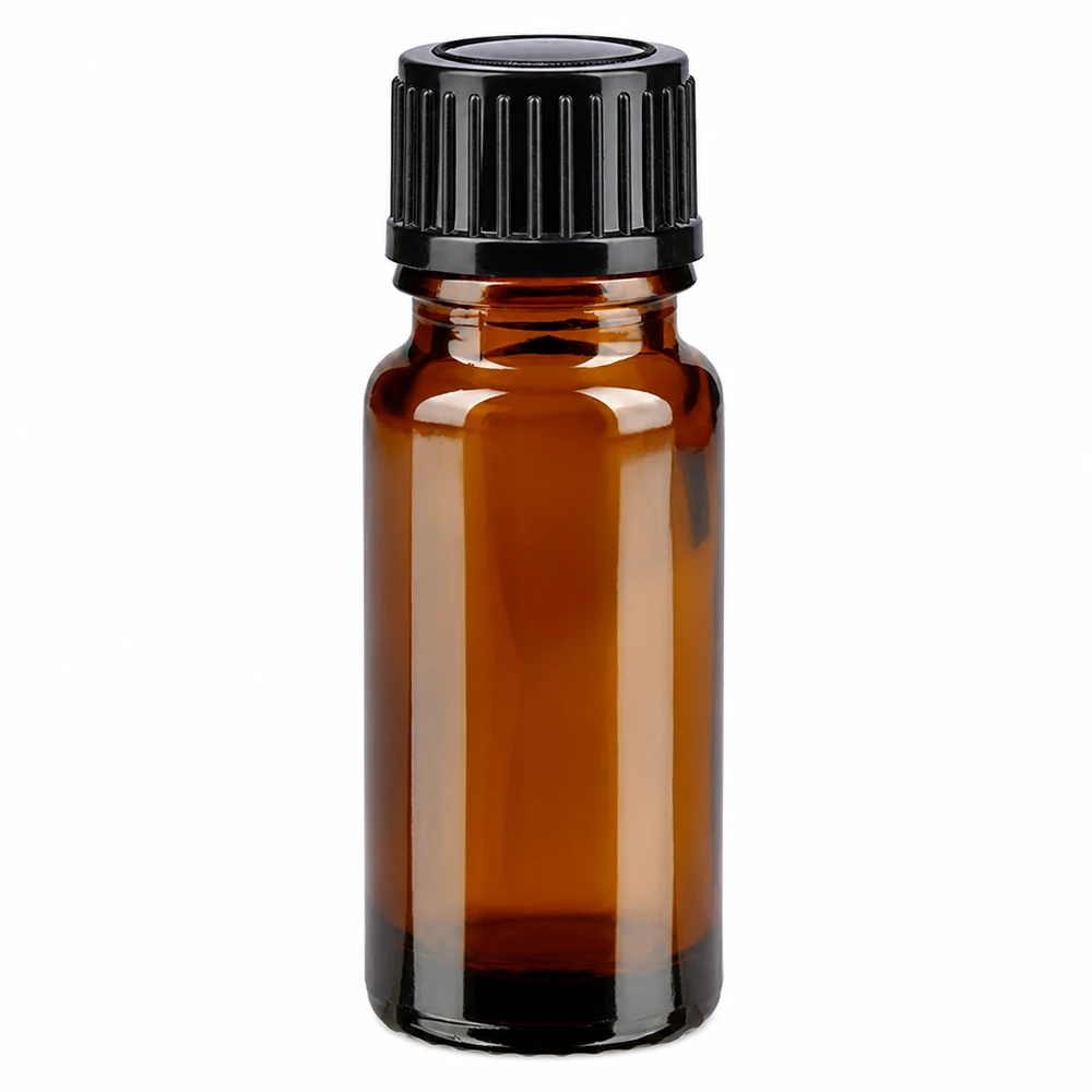 Amberkleurig glazen flesje van 10 ml met zwarte SV STD-sluiting, UV-beschermend glas