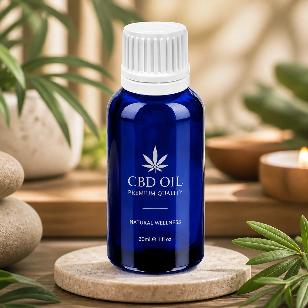 Klein glazen flesje van 30 ml in donkerblauw met druppeldop voor aromatherapie-oliën