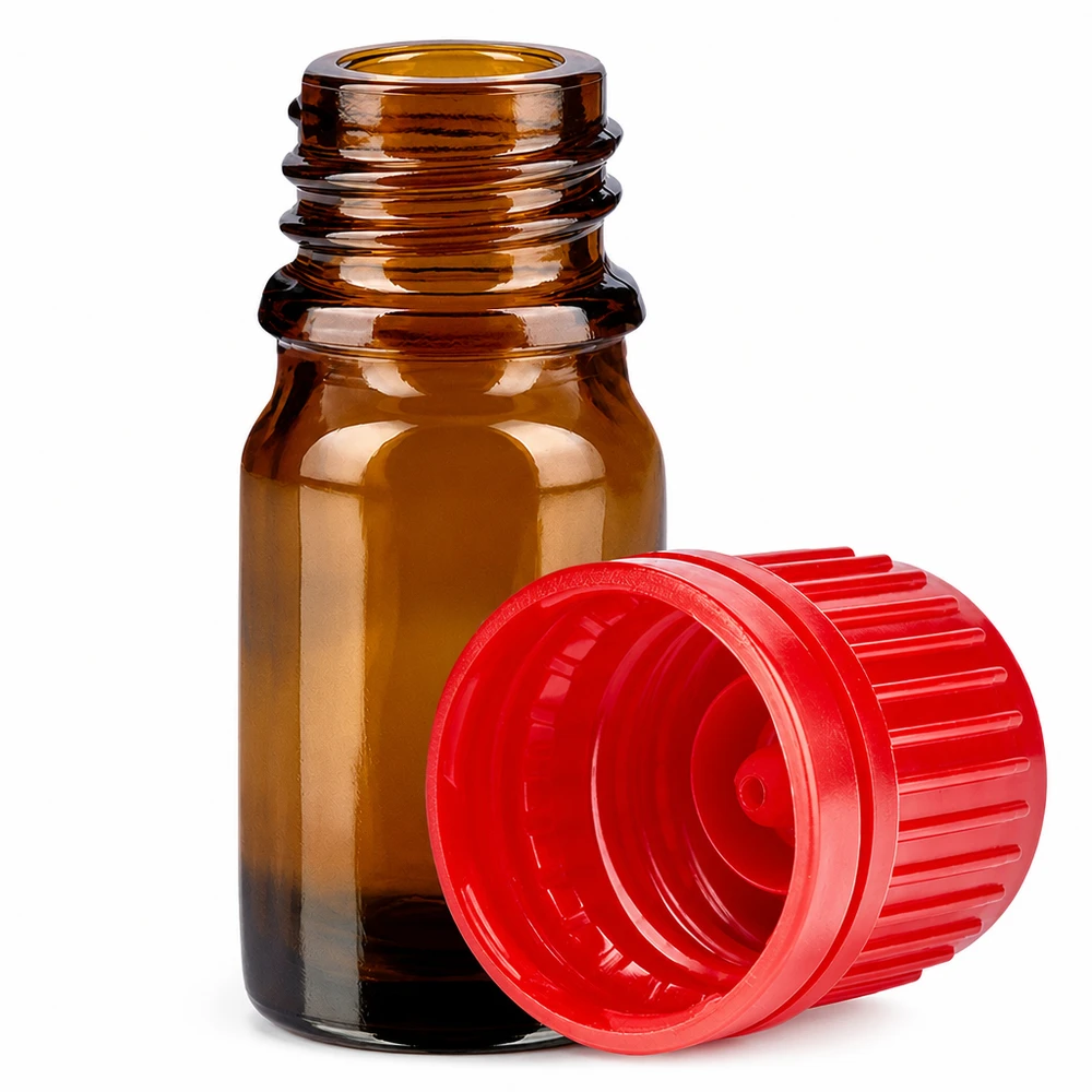 5ml amberkleurig glazen flesje met open rode schroefdop voor cosmetica