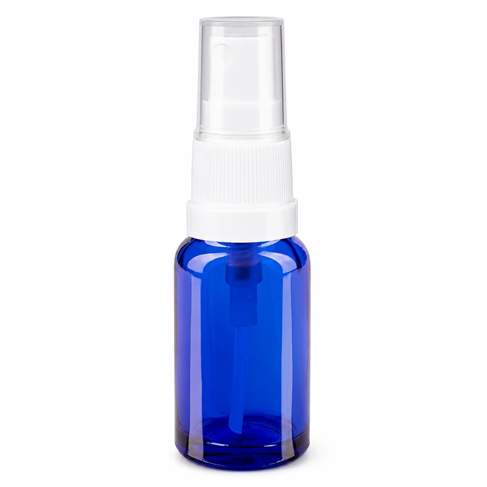 Compacte spuitfles van 10 ml van blauw apothekersglas met een wit spuitmechanisme