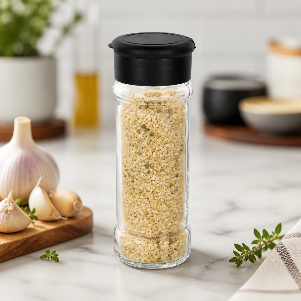 Zout-/kruidenpotje 100 ml met strooier, zwart Compact kruidenpotje van 100 ml met strooifunctie in een moderne keukenomgeving