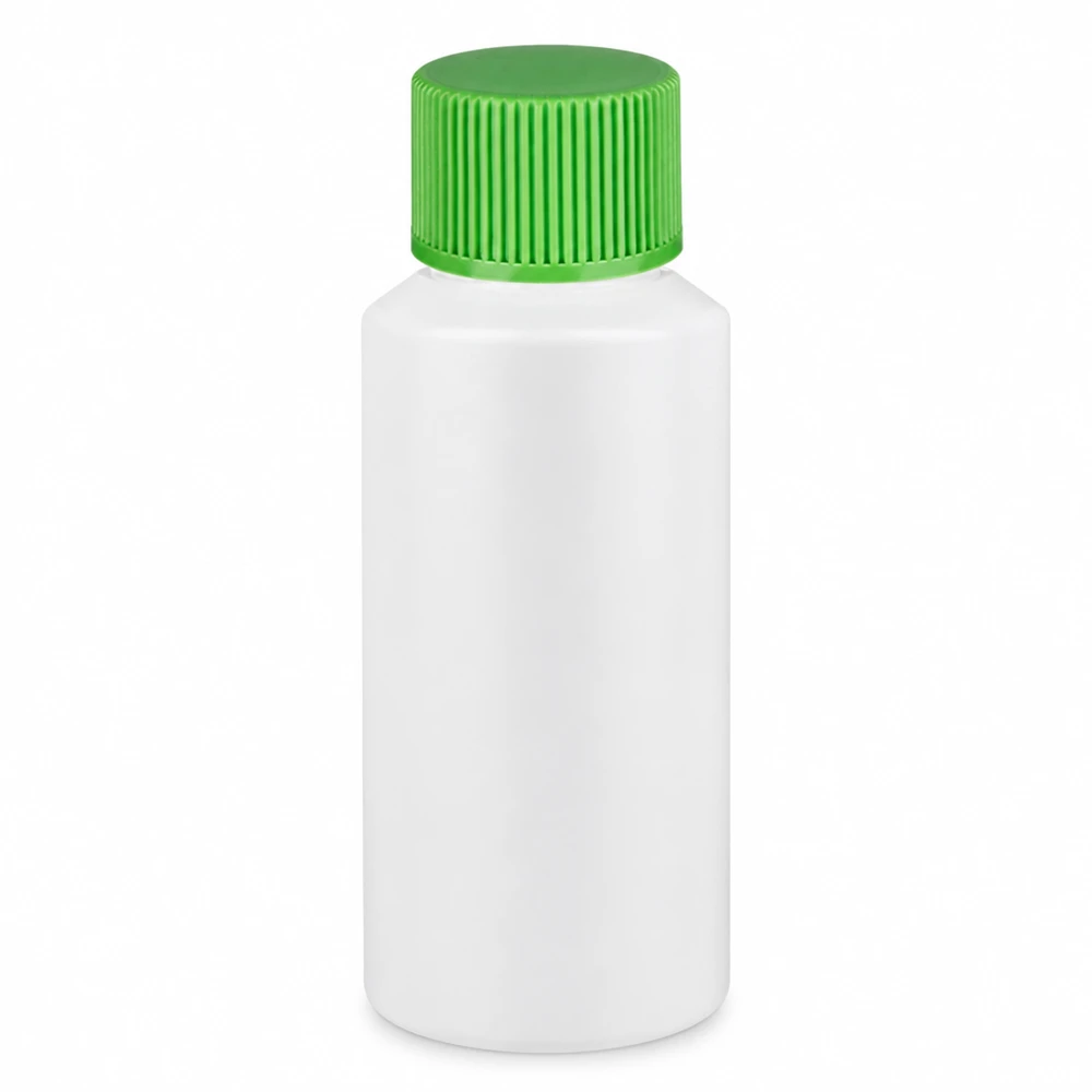 HDPE-apotheekflesje van 30 ml in wit met groene SV, ideaal voor vloeistoffen en poeder