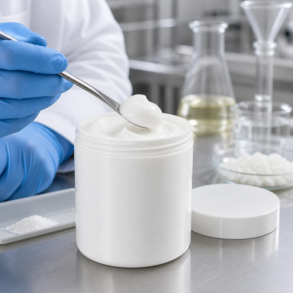 Geopende PP-zalfpot van 300 g, wit, met romige inhoud op een roestvrijstalen oppervlak in het laboratorium