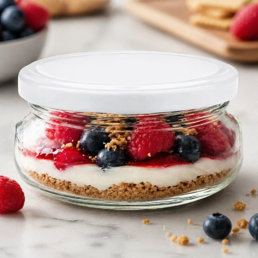 120 ml terrine met wit deksel gevuld met bessendessert en biscuitbodem op marmeren bord