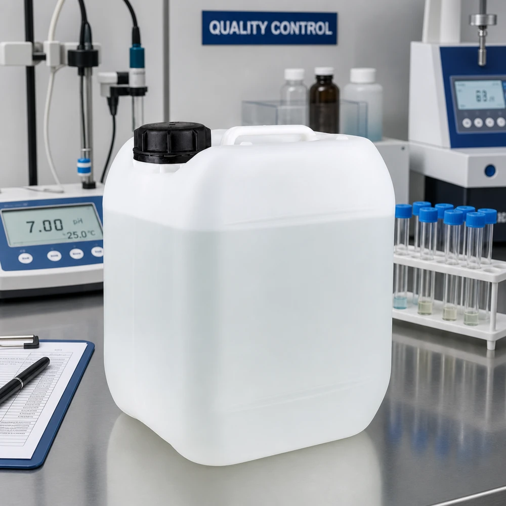 5l jerrycan, UN-toelating, met schroefsluiting Rechthoekige jerrycan van 5 liter met OV-schroefdop, naast een pH-meter en reageerbuisjes