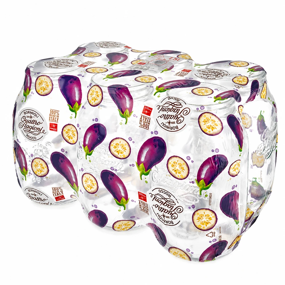 2000 ml rond glas "Quattro Stagioni" met deksel Quattro Stagioni 2L inmaakpot met deksel met aubergine motief - Italiaanse voorraadpot voor groenten en antipasti