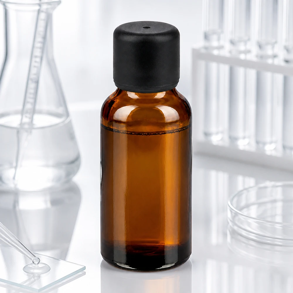 Premium amberkleurig glazen flesje 20ml met zwarte dop STD voor het veilig bewaren van gevoelige stoffen