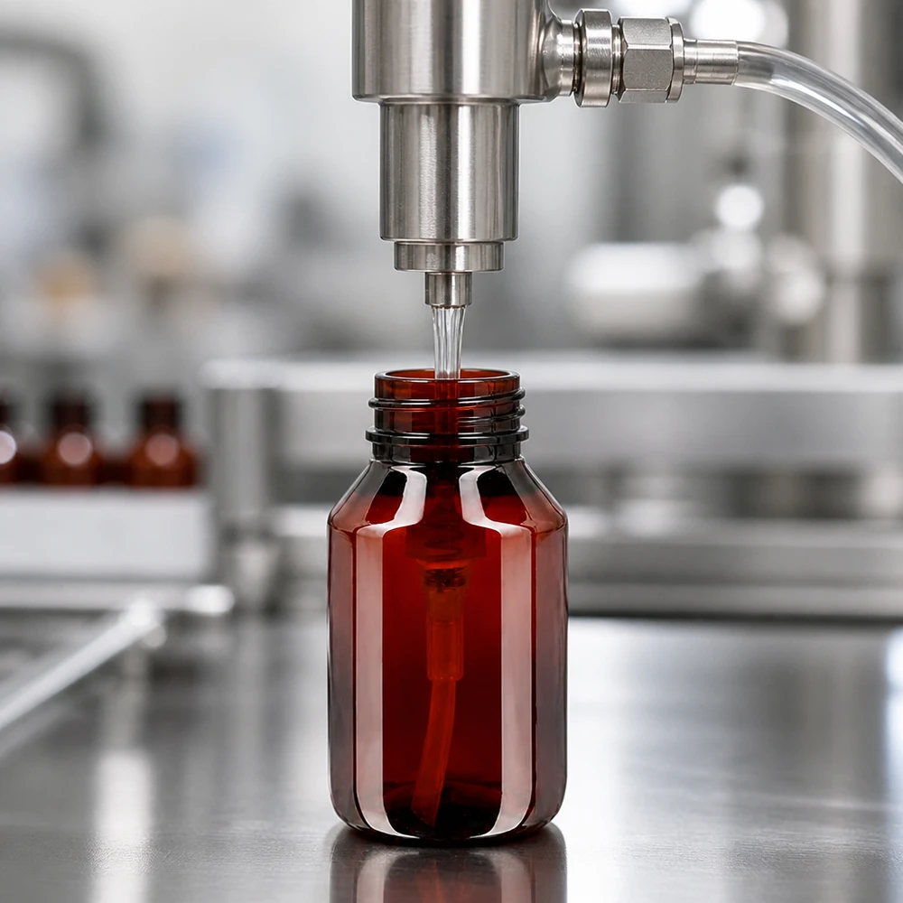 50 ml PET medicijnfles met wit dispenserpomp, standaard Hygienische Serienproduktion bernsteinfarbener 50ml PET Flaschen mit weisser Pumpe