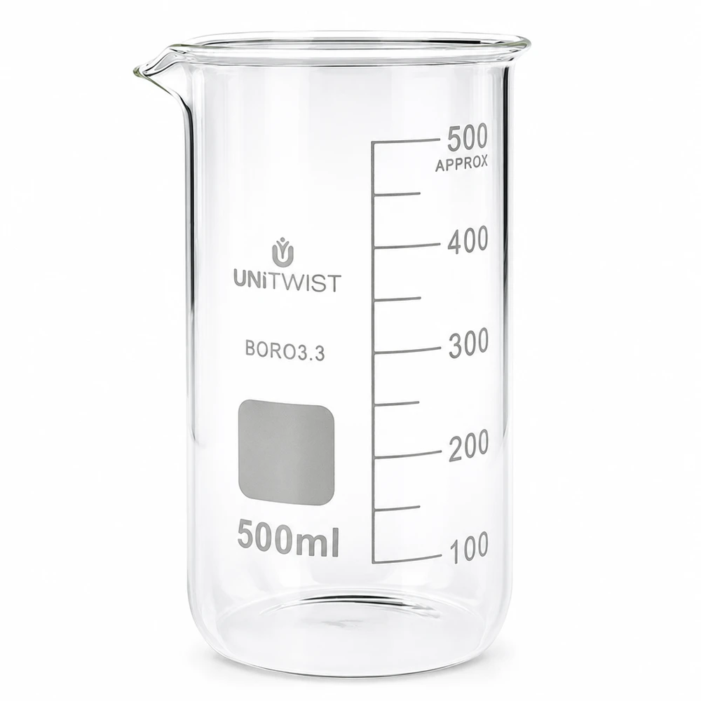 Chemiebestendige laboratoriumbeker van 500 ml, hoog model, van borosilicaatglas, met ruimte voor opschriften
