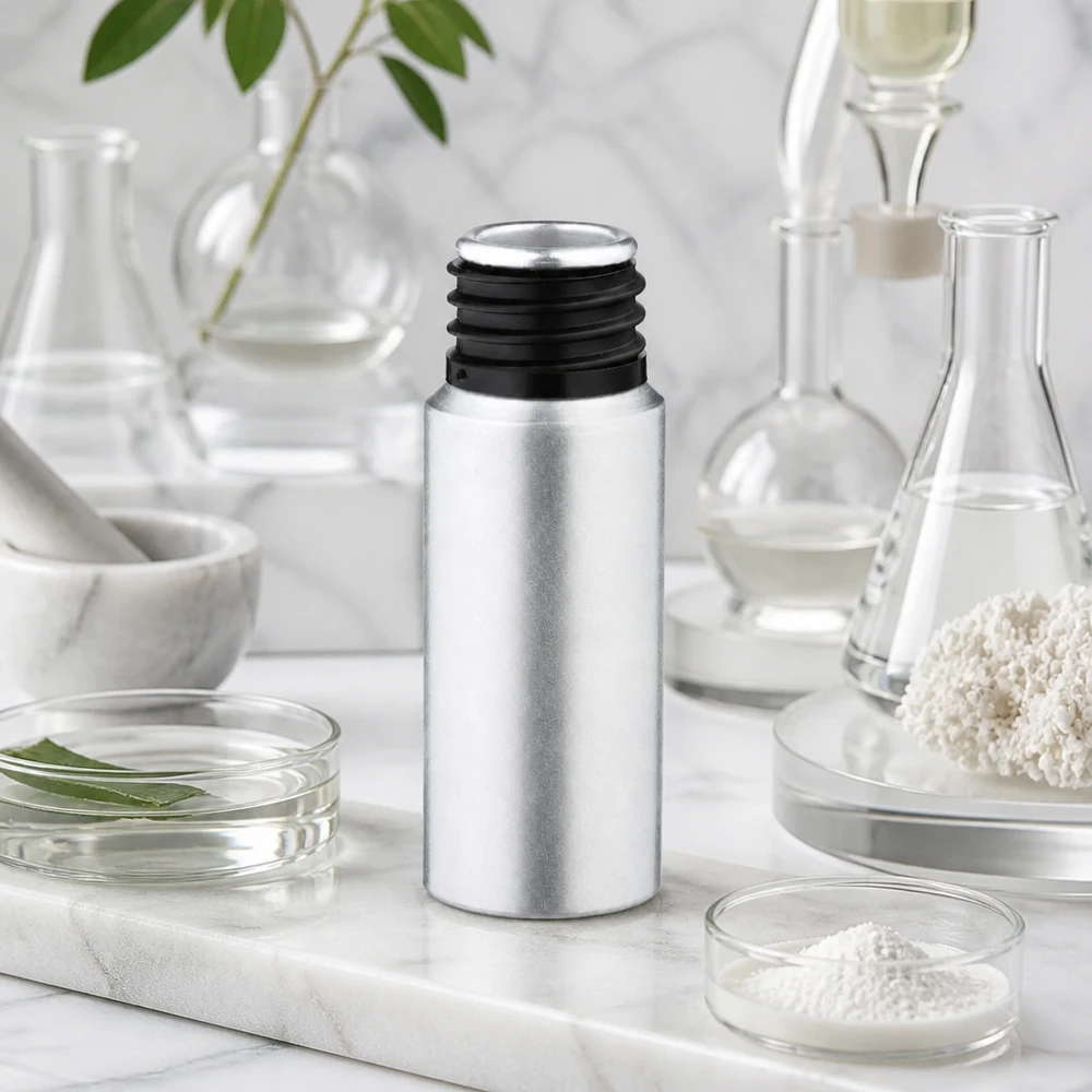Ronde aluminium fles van 20 ml met gebeitst oppervlak en praktische dop