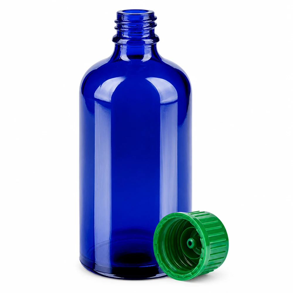 BlueLine glazen flesje 100ml voor etherische oliën met kindveilige groene dop