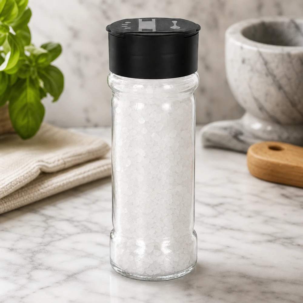 Zout-/kruidenpotje 100 ml met dubbele strooier, zwart Doorzichtig zoutglas van 100 ml met een zwarte strooideksel en zichtbare zoutkristallen binnenin