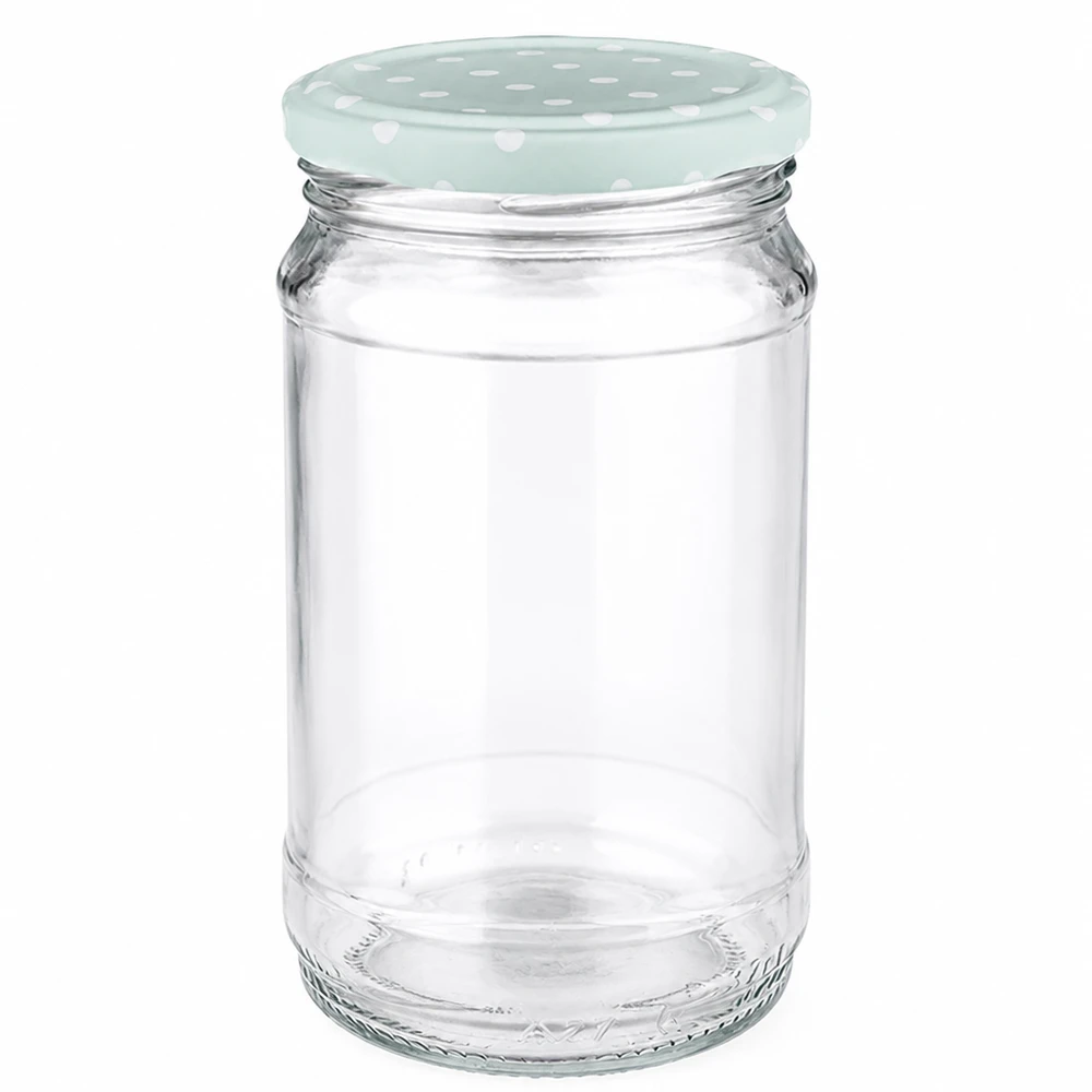 370 ml rond glas + BasicSeal-stippen mint mat UNiTWIST Leeg rond glas van 370 ml met een mintkleurig deksel met stippen (BasicSeal van UNiTWIST) op een witte achtergrond