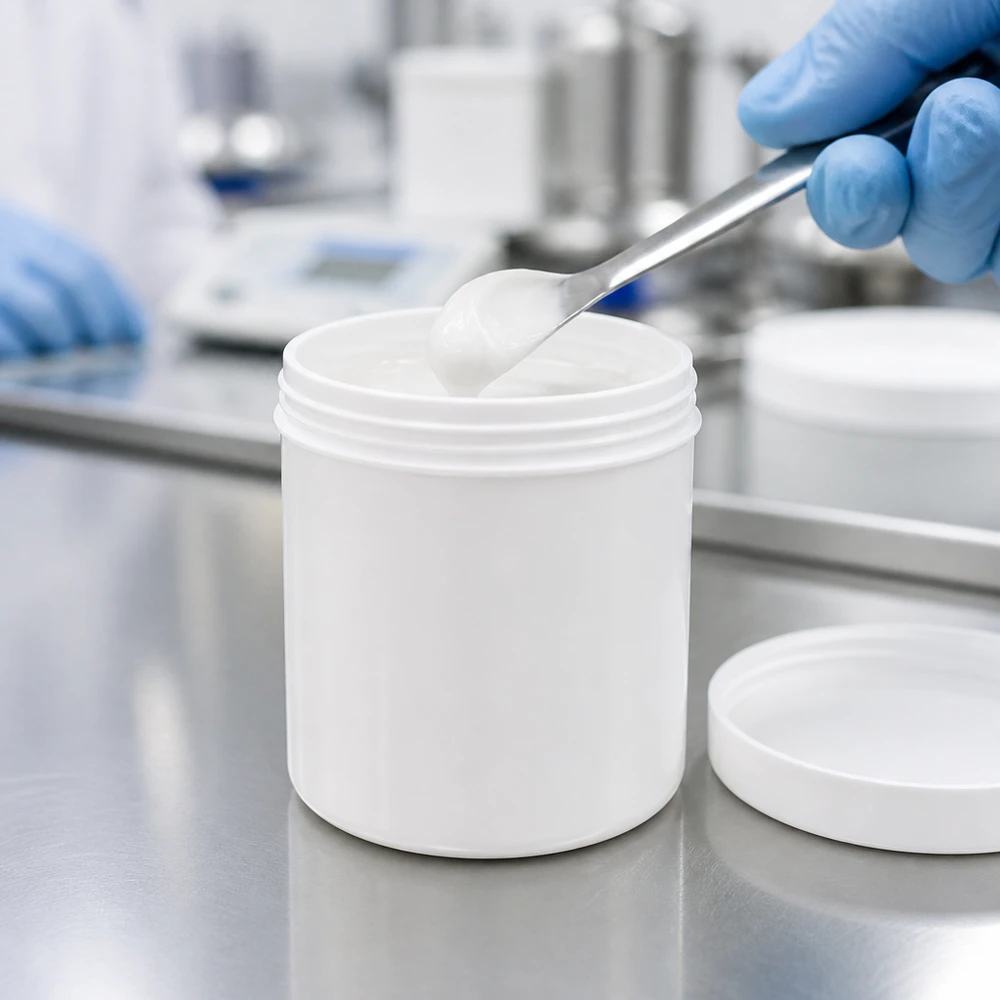 Zalfpot 50 g wit met schroefdeksel wit (PP) Kwaliteitscontrole van een zalfpotje van 50 g, vervaardigd uit voedselveilig polypropyleen, in een professionele laboratoriumomgeving