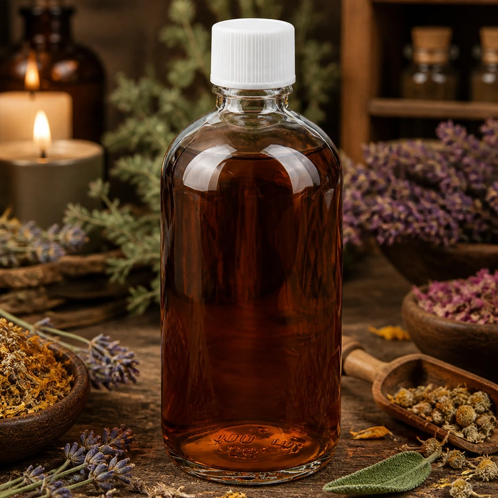 Flesje van 100 ml met witte standaarddop (11 mm) voor kruidenessences en natuurlijke geneesmiddelen