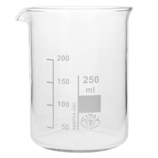 Bekerglas 250 ml van hittebestendig borosilicaatglas (laag model) Wetenschappelijke beker 250ml voor laboratoriumwerk chemie farmacie en onderzoek