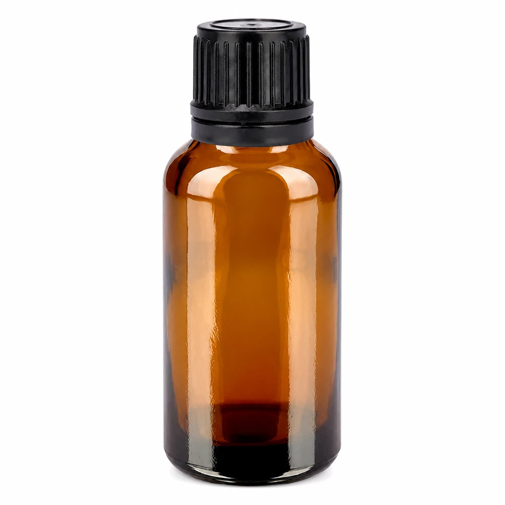 Bruin glazen flesje van 30 ml met zwarte dop ter bescherming tegen licht en UV-straling