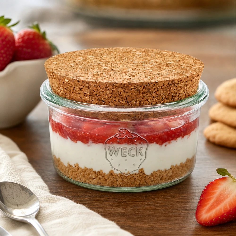 165ml stortglas WECK RR80 met kurk WECK Sturzglas 165ml mit Korkdeckel als Dessertglas für Erdbeer-Tiramisu dekoriert mit frischen Erdbeeren
