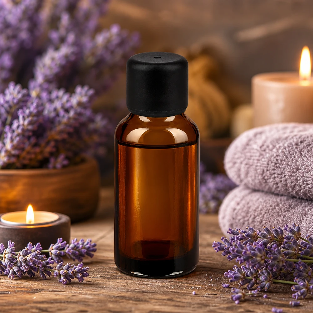 Hoogwaardige amberkleurige glazen fles met een inhoud van 20 ml en een matzwarte dop voor optimaal bewaren