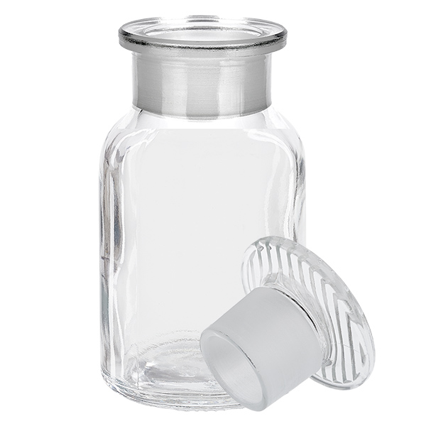 Apothekersfles 100 ml wijde hals helder glas incl. glazen stop Apothekersfles met brede hals, 100 ml, helder, met glazen stop, vervaardigd uit hoogwaardig borosilicaatglas