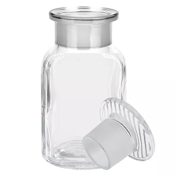 Apothekersfles 100 ml wijde hals helder glas incl. glazen stop Apothekersfles met brede hals, 100 ml, helder, met glazen stop, vervaardigd uit hoogwaardig borosilicaatglas