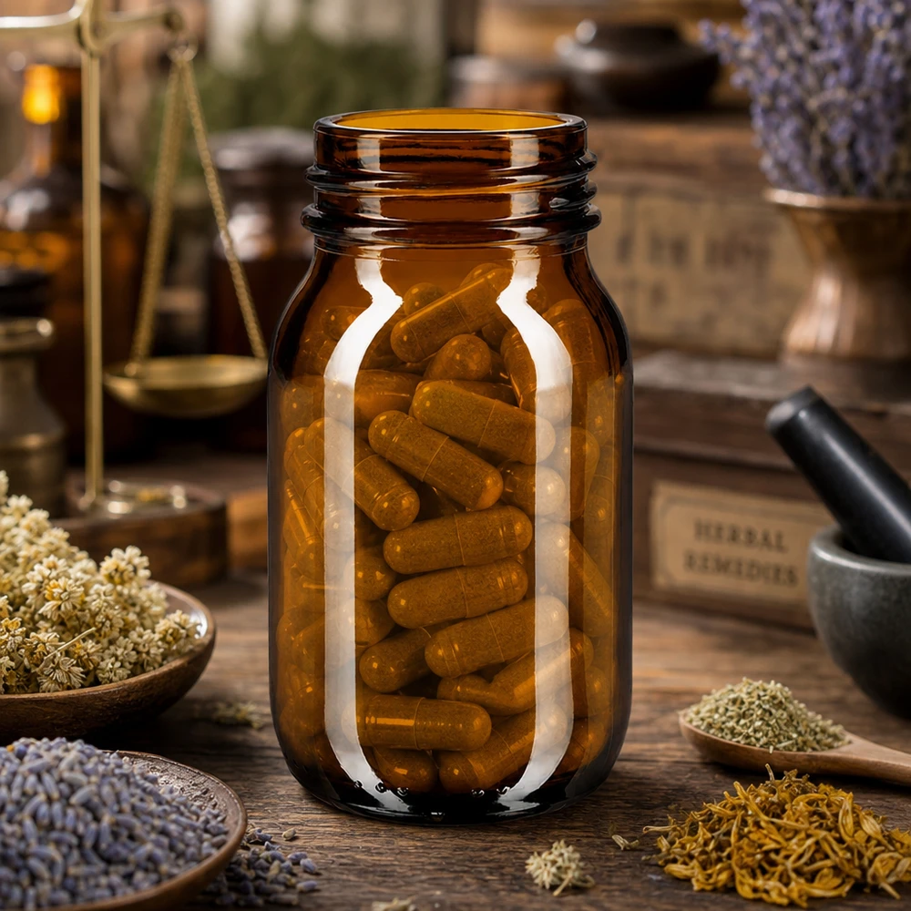100ml amberkleurig glazen flesje met wijde hals, ideaal voor voedingssupplementen en kruiden