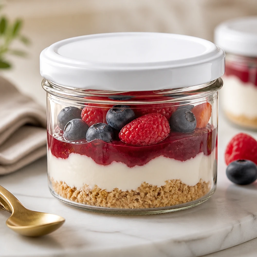 Trommels van 225 ml als dessertglazen met bessenmousse en vers fruit voor veelzijdig gebruik