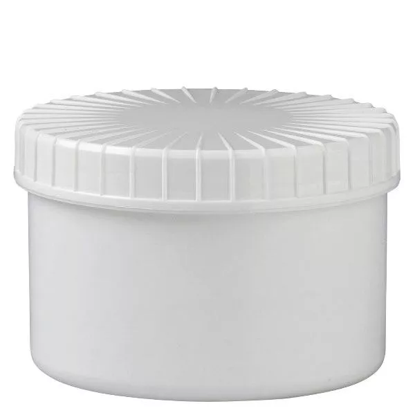 Kunststof pot 250 ml transparant met geribbeld wit schroefdeksel van PE, type sluiting Standaard